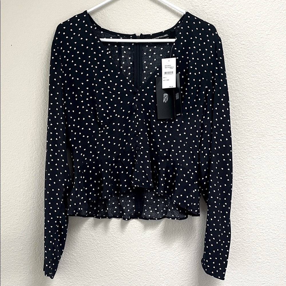 NWT The Fifth Label Navy White Polka Dot Heart Blouse, Size Large, Ruffle V-neck